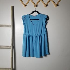 NWOT CES FEMME WOMEN'S PEPLUM RUFFLED SLEEVE BLUE BLOUSE SIZE LARGE